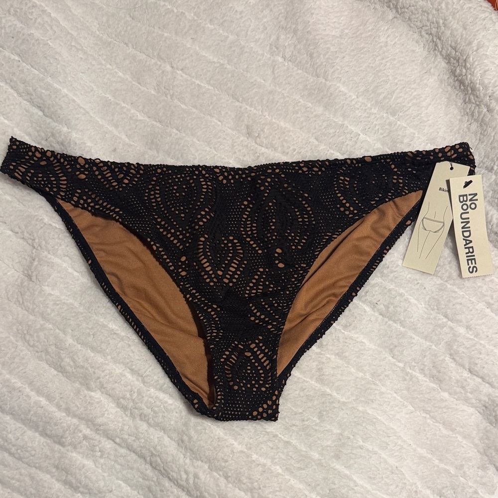 No Boundaries Black Crochet Lace Bikini Bottoms with Tan Lining
